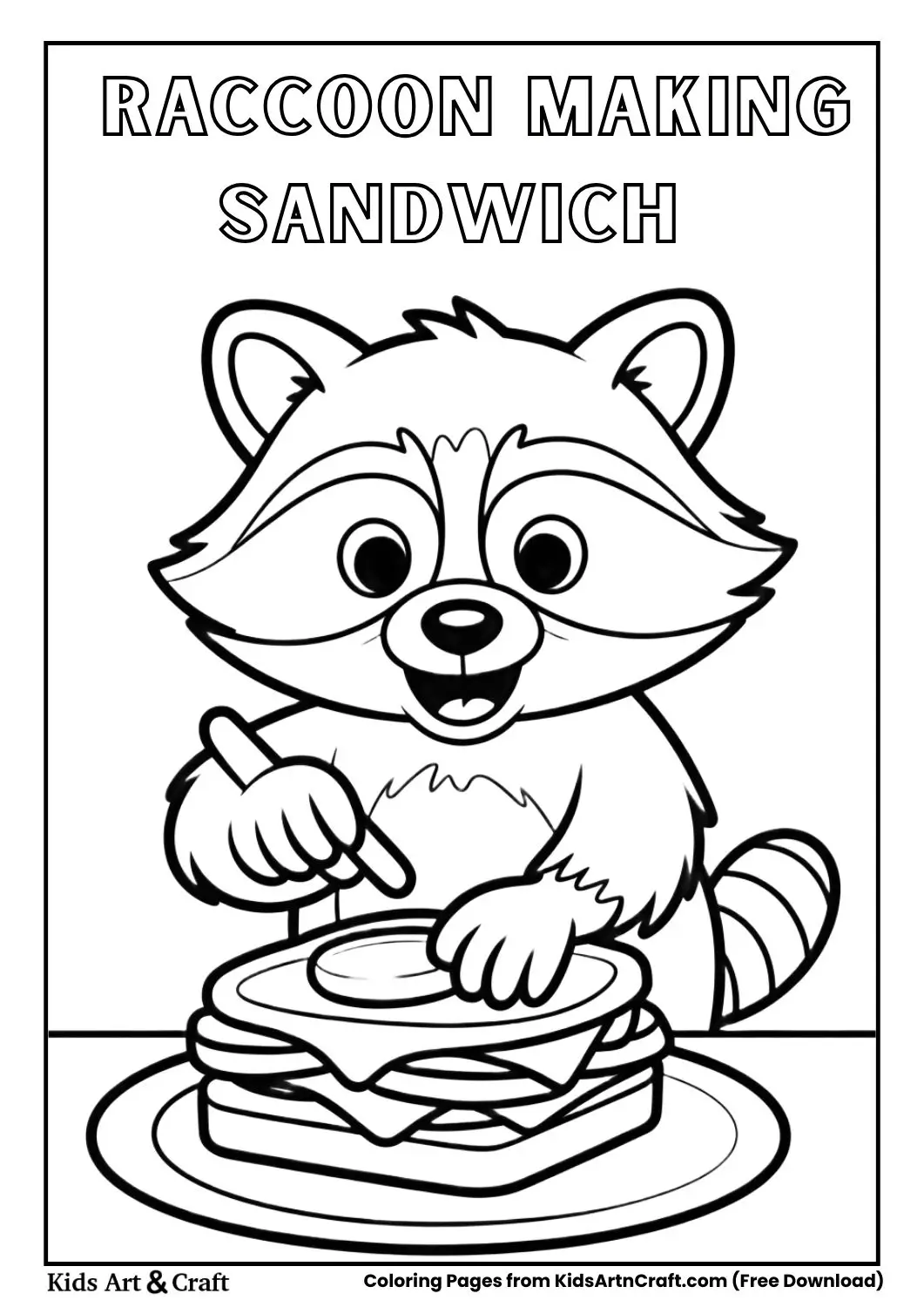 simple black and white coloring page of a raccoon stacking sandwich ingredients
