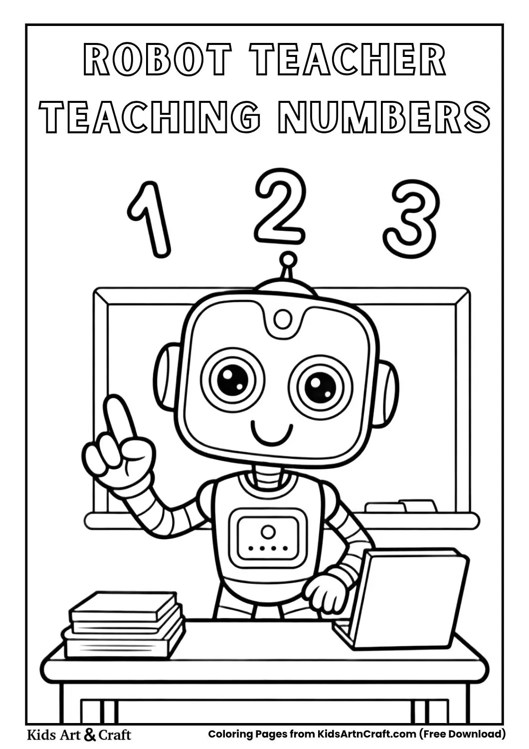 robot teacher pointing to numbers on classroom board black and white coloring page