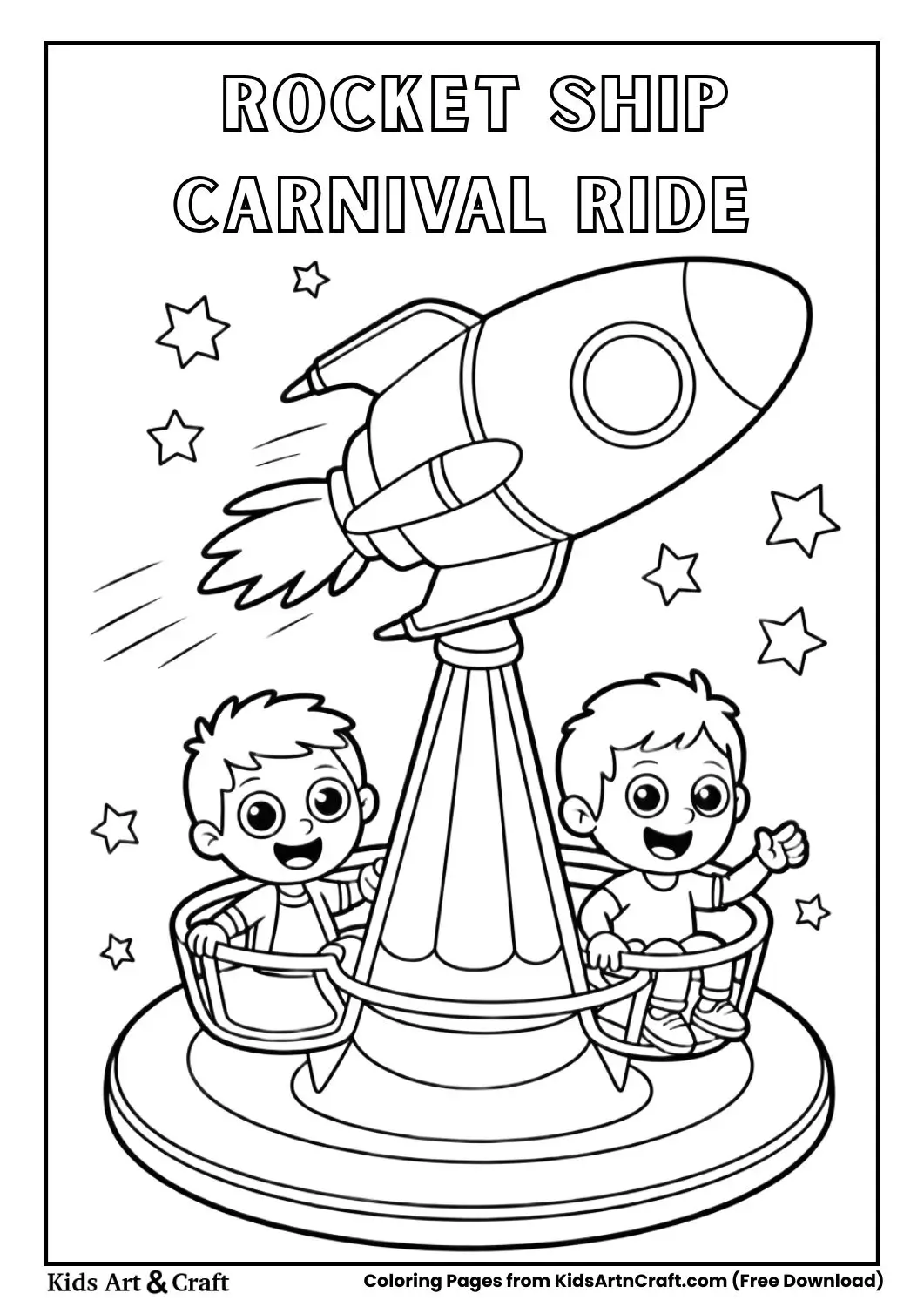 Kids enjoying a spinning rocket ship carnival ride coloring page