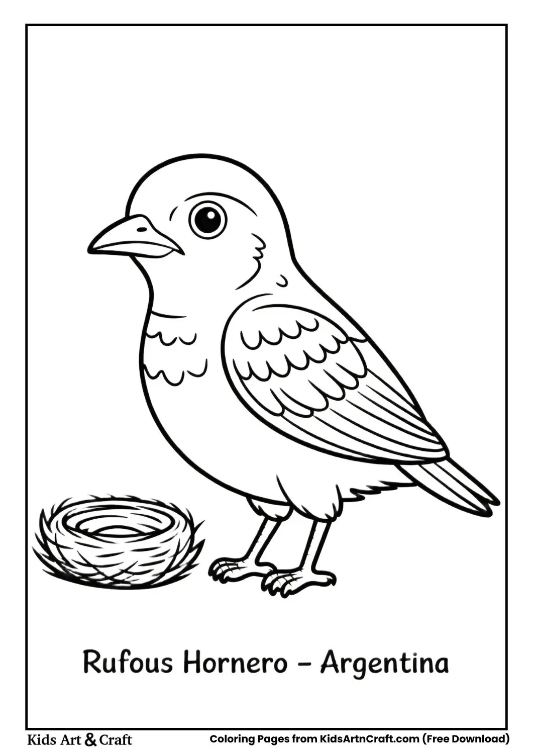 Black and white Rufous Hornero near nest labeled Argentina