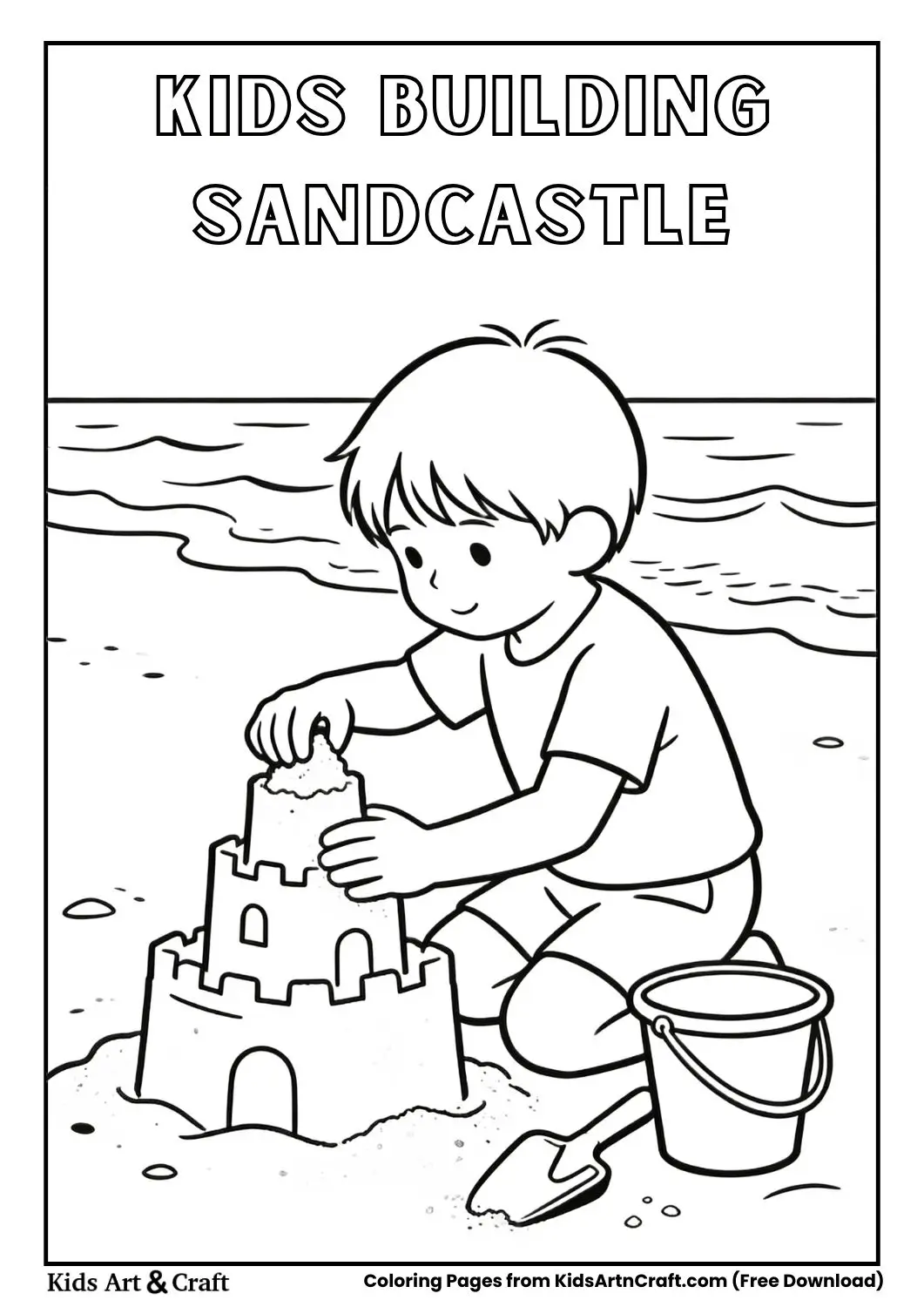 Black and white coloring page of a child building a sandcastle