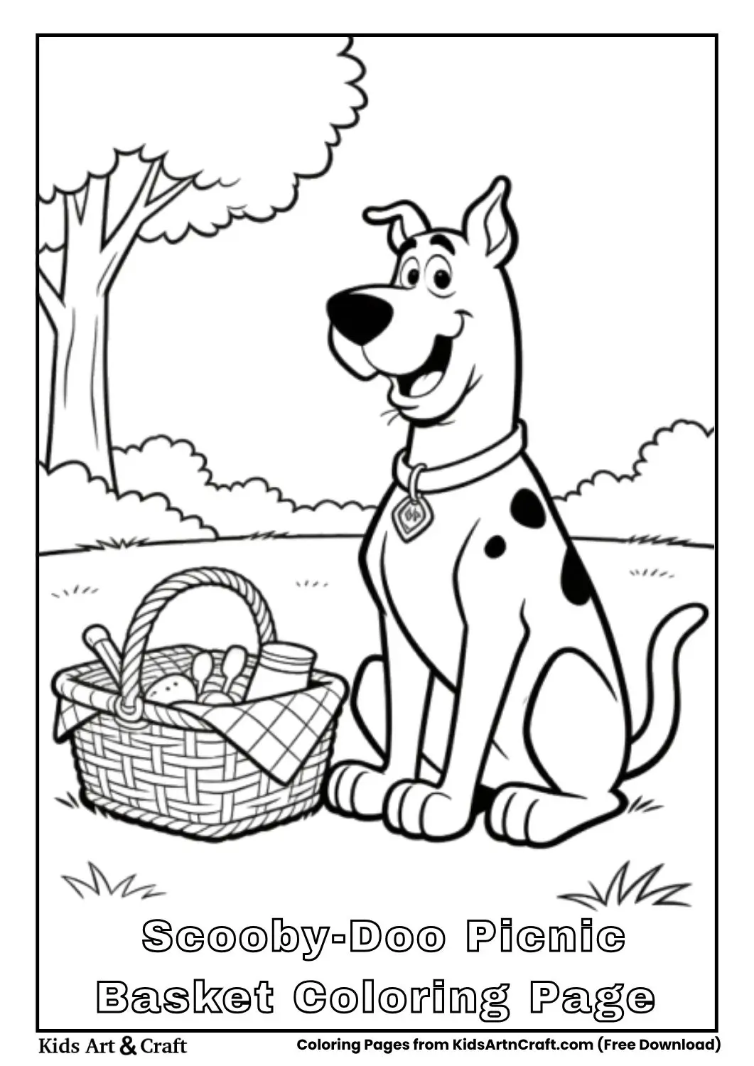 Scooby-Doo sitting beside a picnic basket in a park black and white coloring page