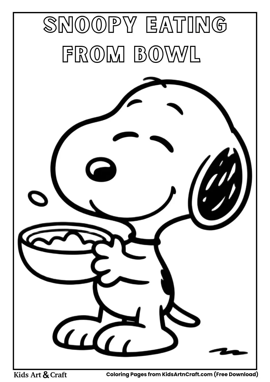 Snoopy eating from food bowl simple coloring page