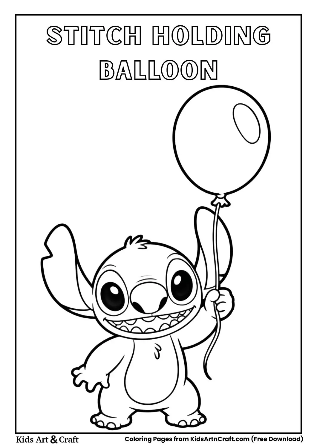 Stitch holding balloon black and white coloring page for kids