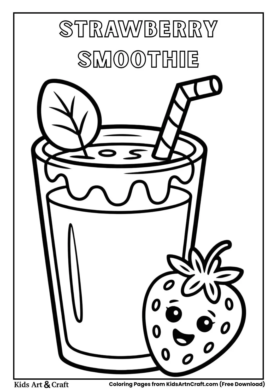 Smiling strawberry beside a smoothie cup in black and white line art.