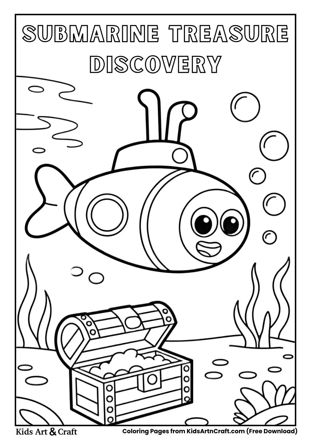 submarine discovering treasure chest underwater coloring page