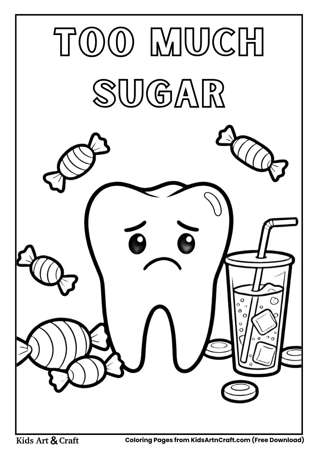sad tooth with candy and soda
