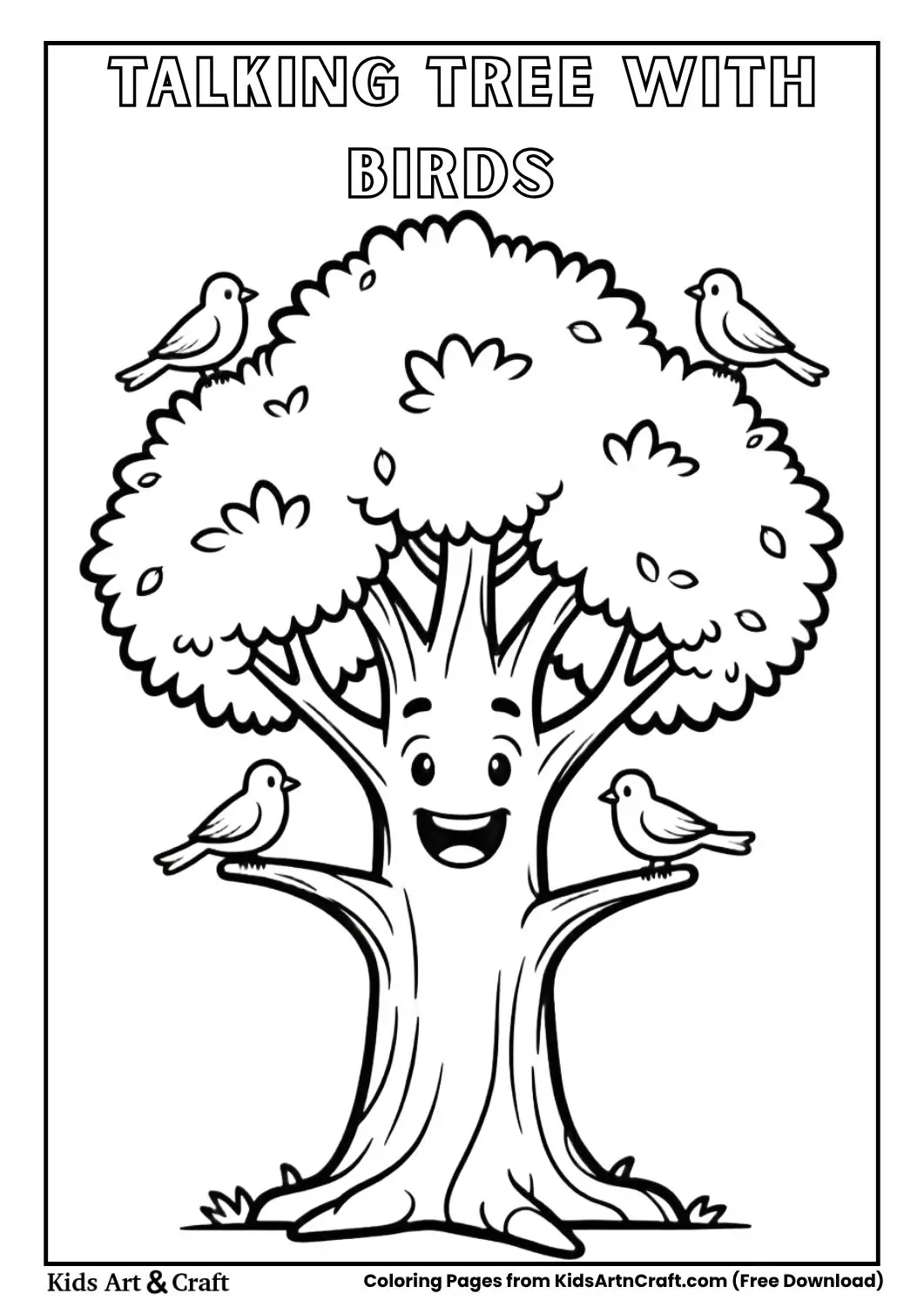 Talking tree with birds sitting on branches coloring page for children