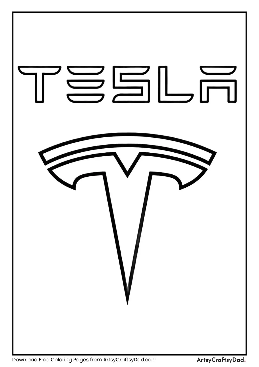 Tesla T logo coloring page with bold label for kids