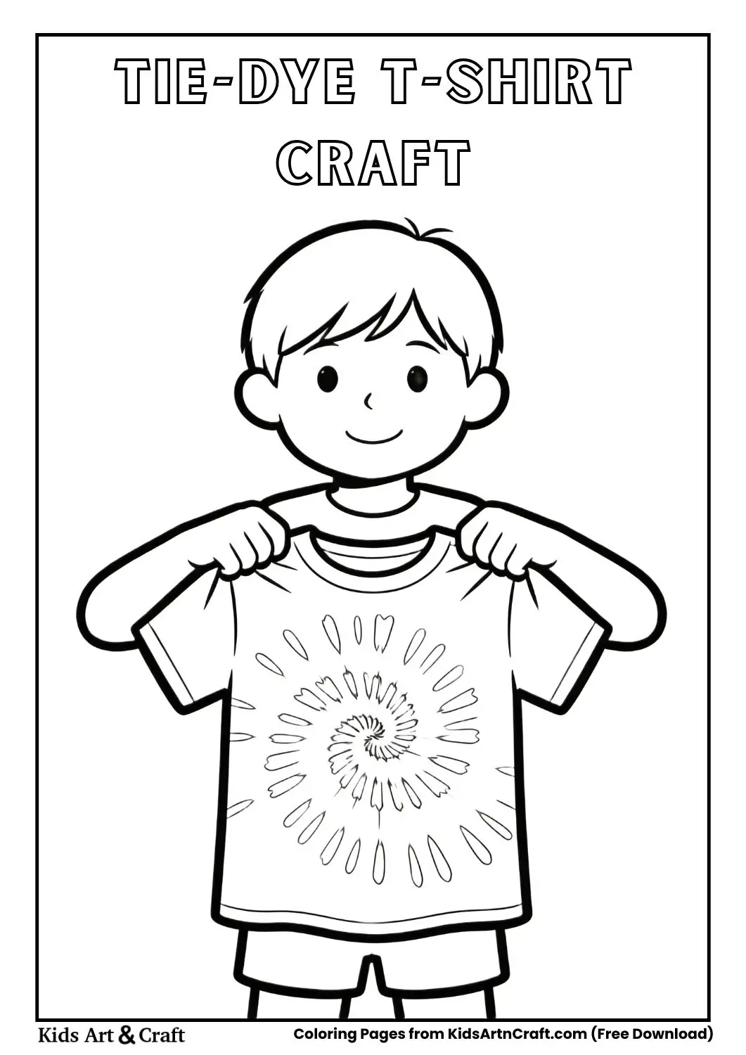 Line art coloring page of child twisting T-shirt for tie-dye activity