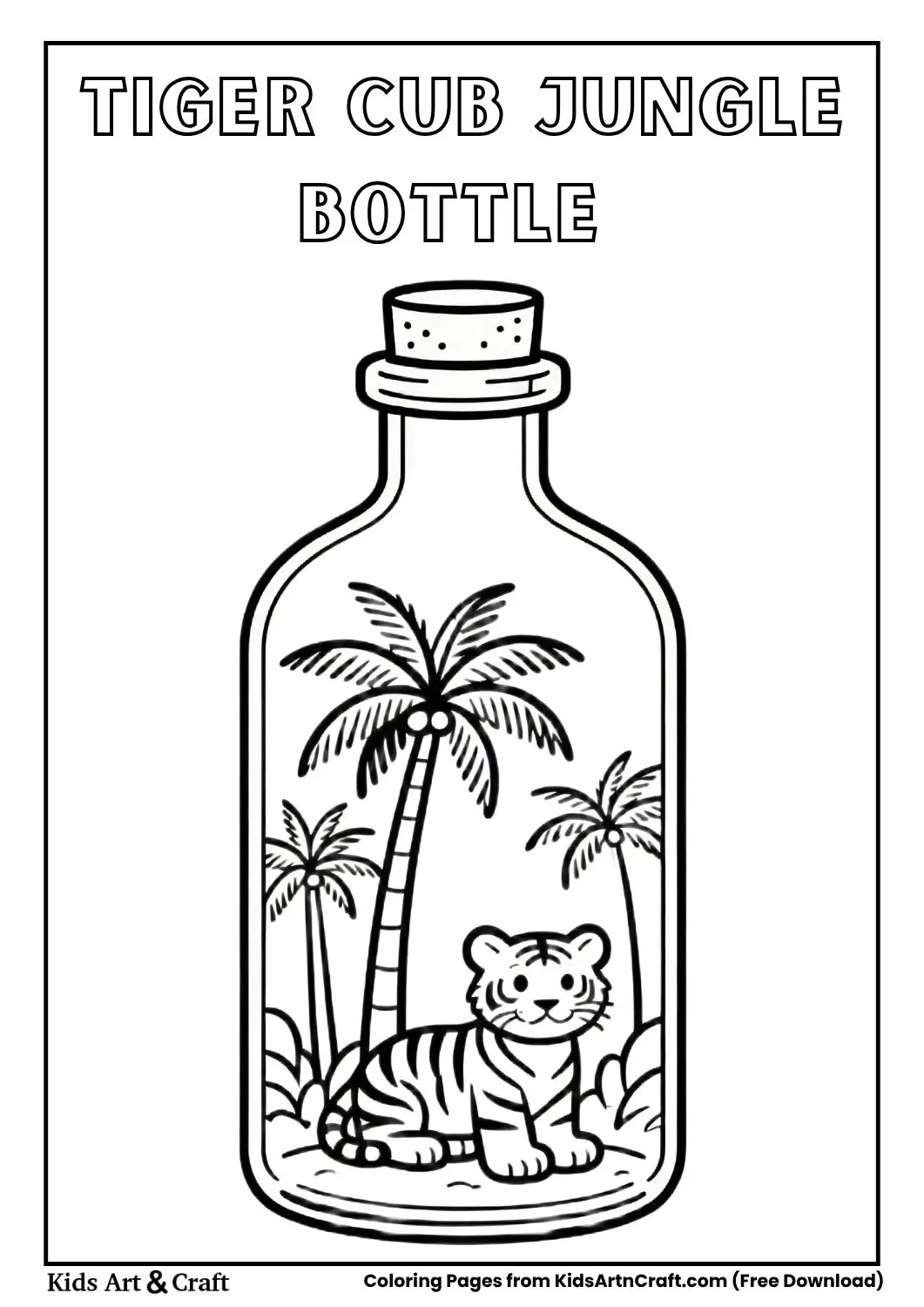 tiger cub jungle inside bottle easy black and white coloring page for children