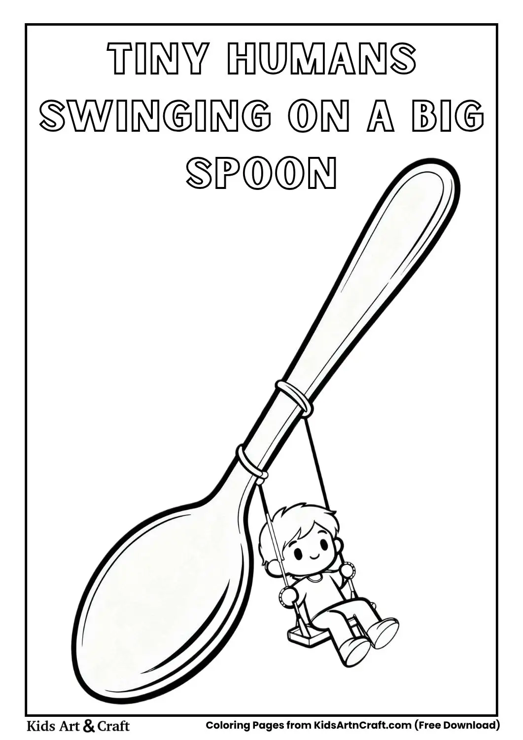 Tiny humans swinging on a giant spoon coloring page