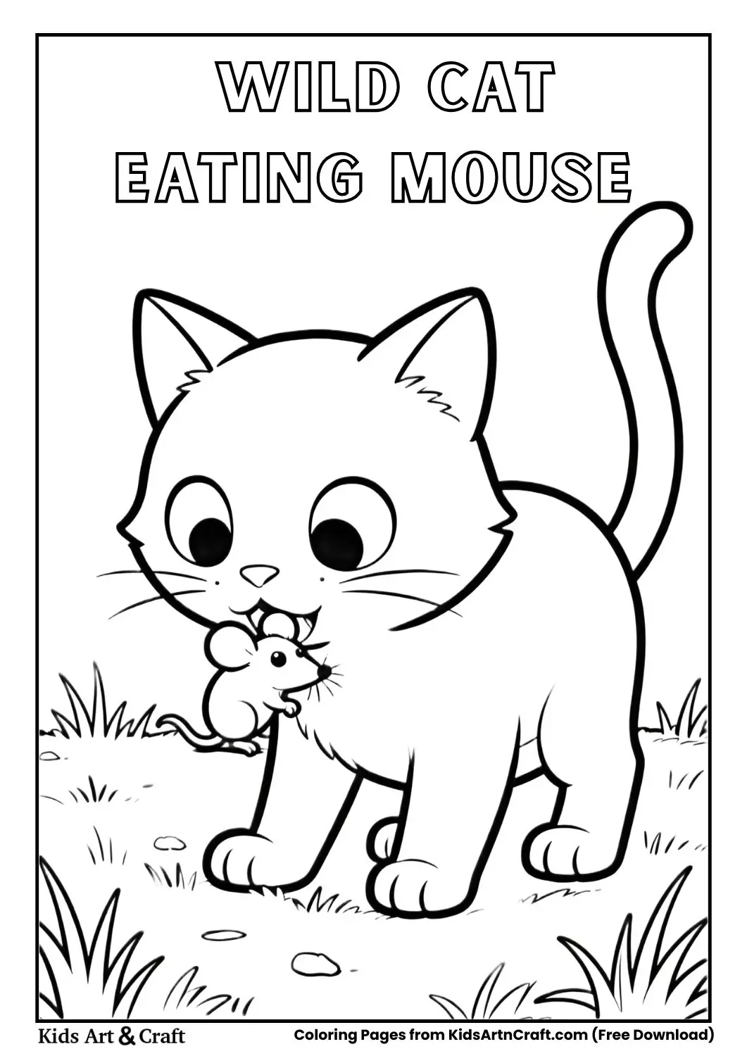 Wild cat eating mouse field coloring page for kids