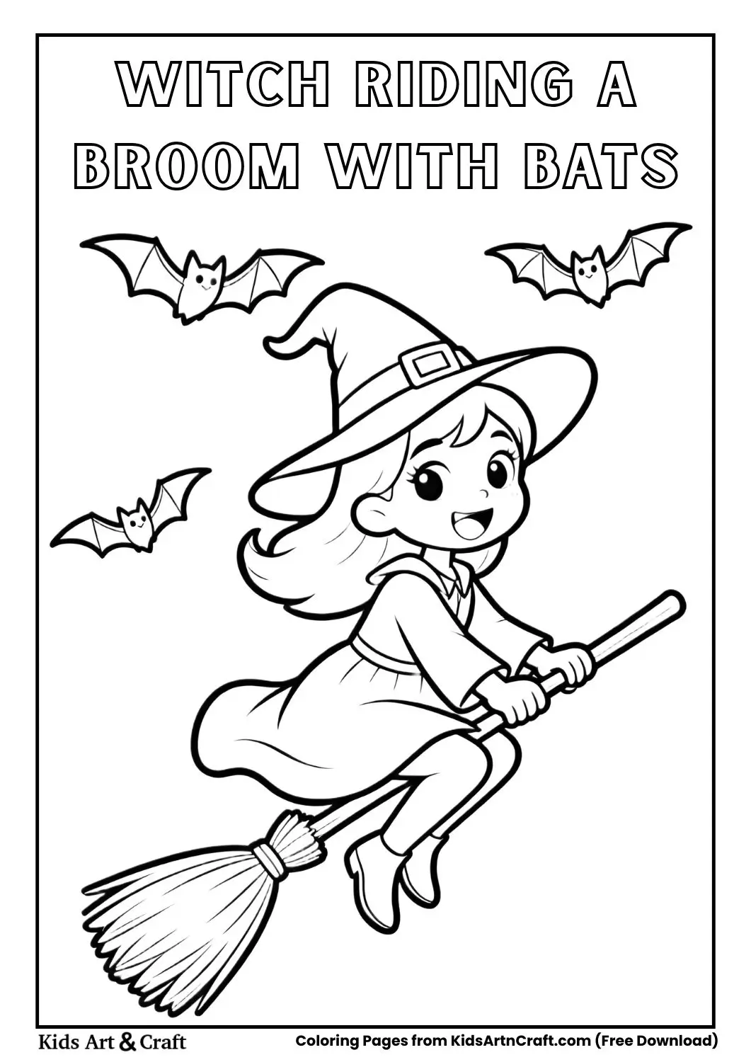 Witch flying on broom with bats coloring page
