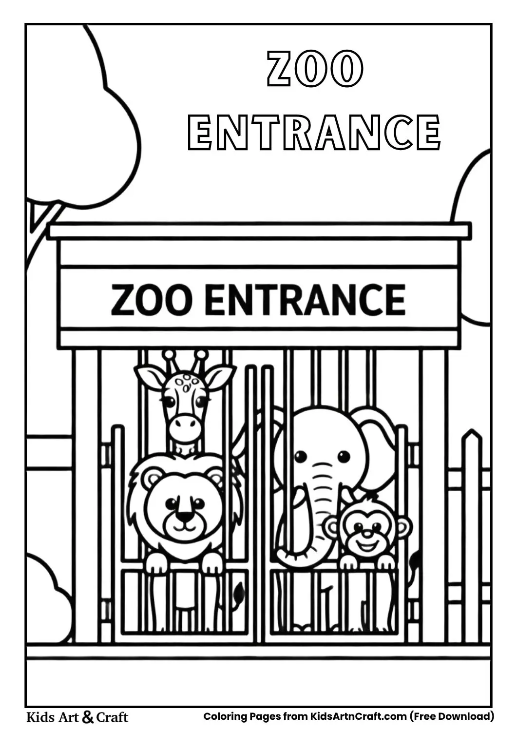 Zoo entrance gate with animals simple coloring page