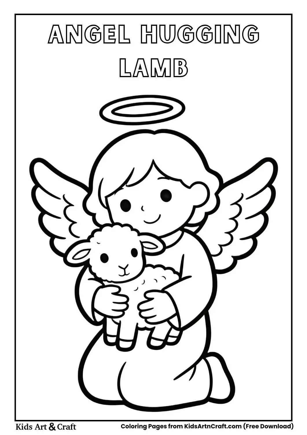 Sweet angel hugging small lamb simple line art coloring page