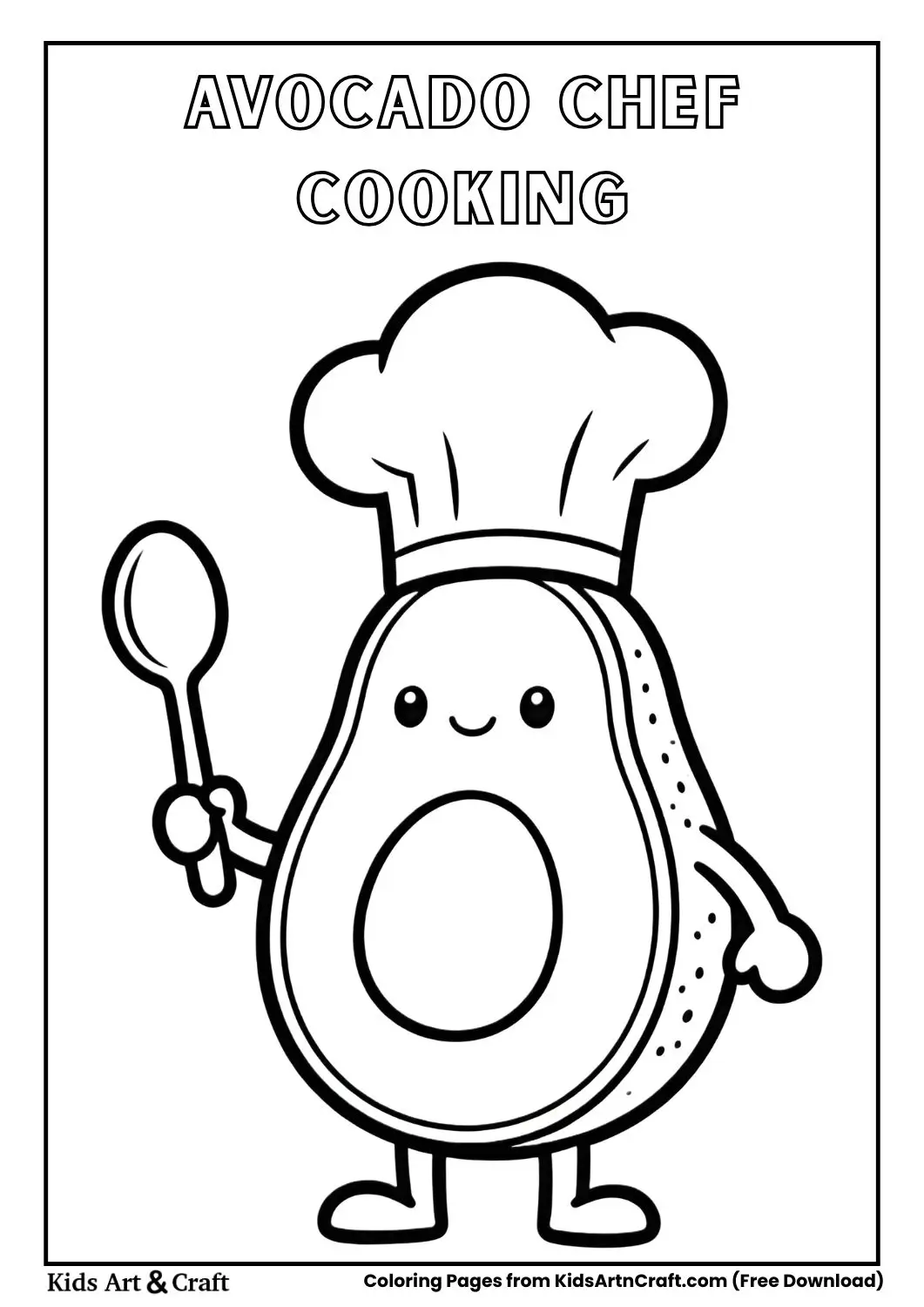 Cute avocado chef wearing hat holding spoon coloring page