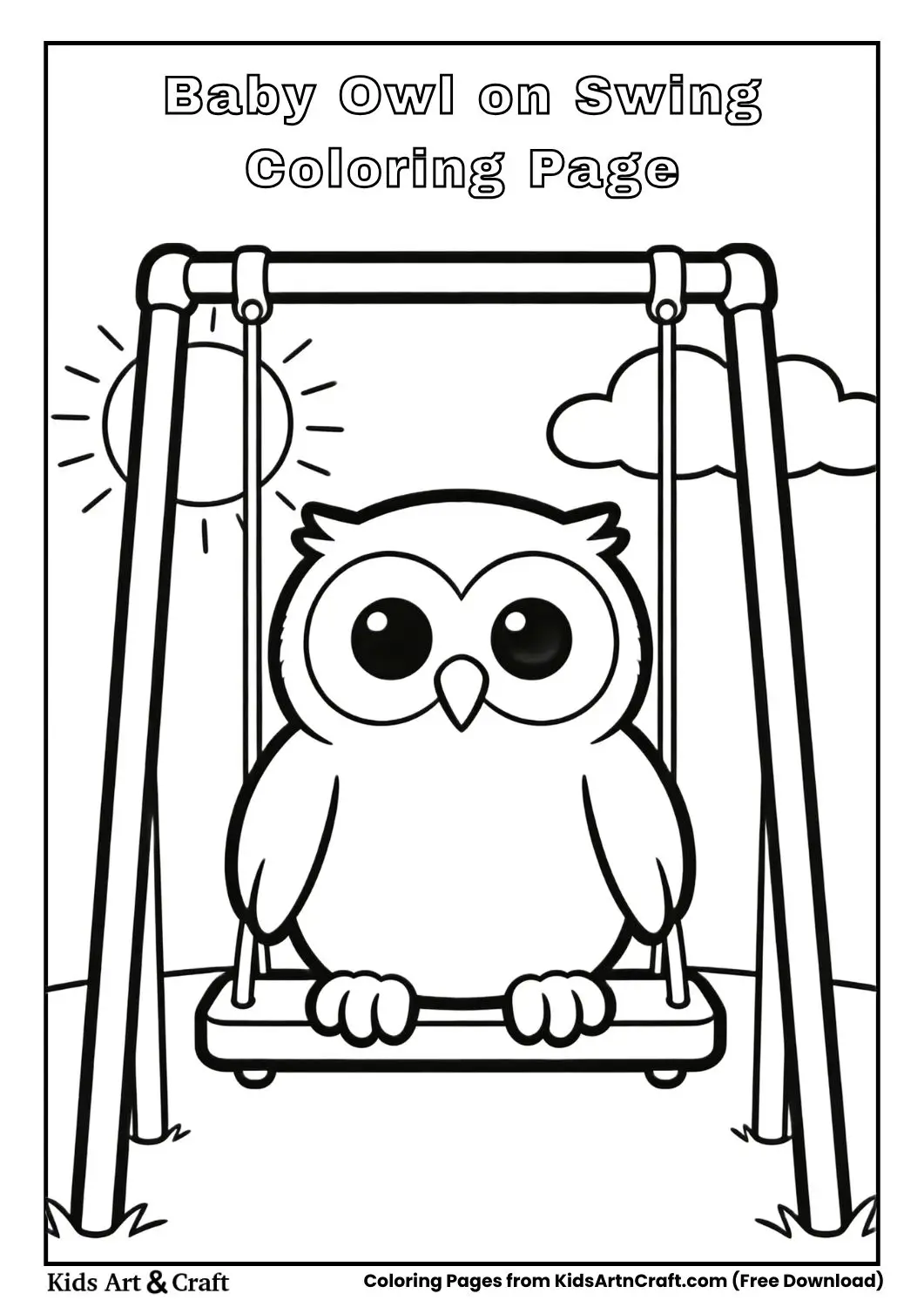 Baby owl sitting on playground swing simple coloring page