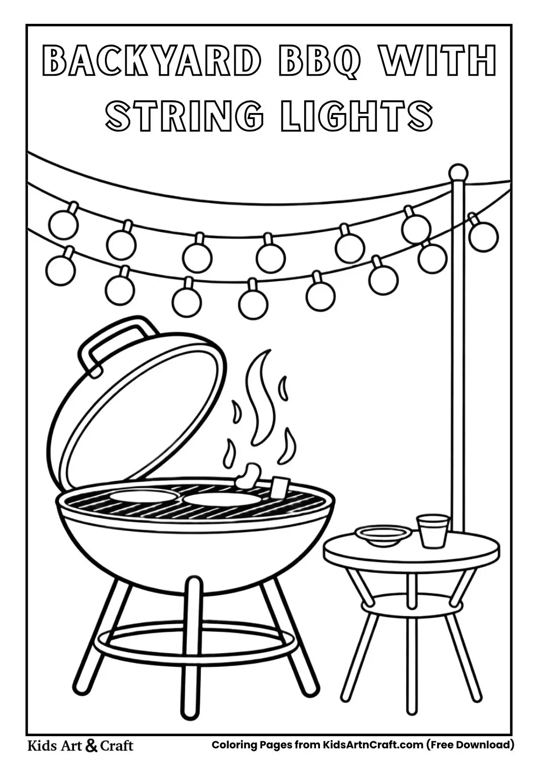backyard barbecue party with grill picnic table and string lights coloring page