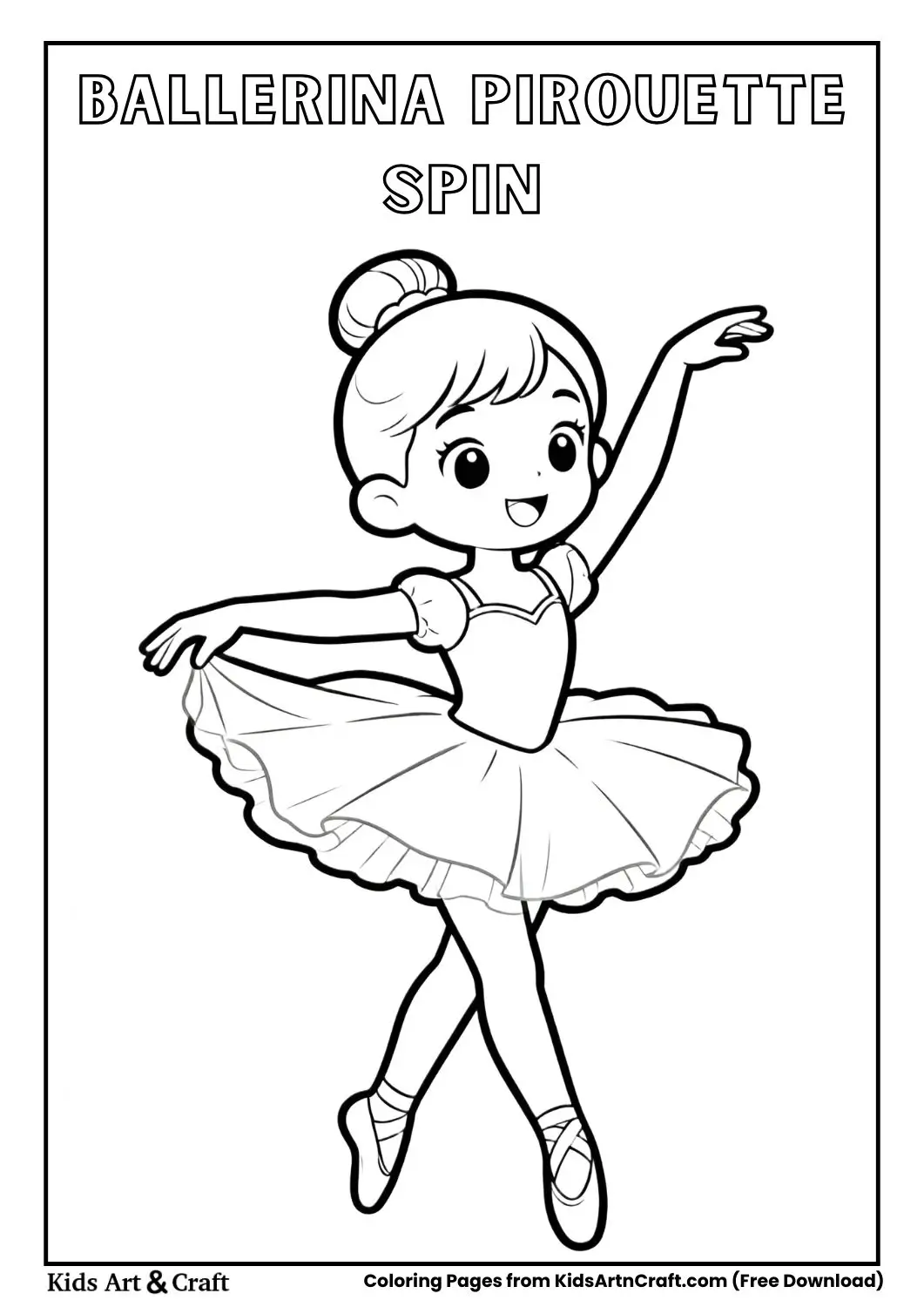 Young ballerina performing a pirouette spin with tutu swirling coloring page