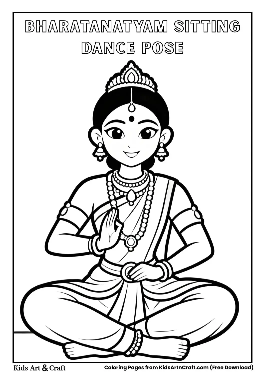 Bharatanatyam dancer sitting graceful pose coloring page