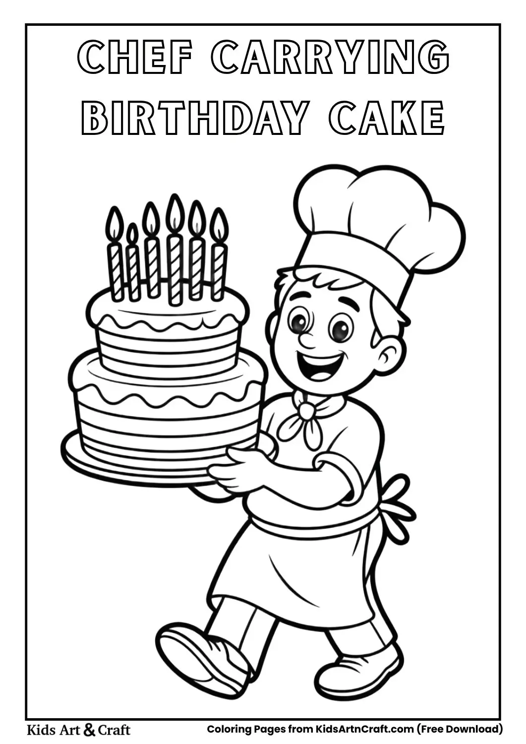 cartoon chef holding birthday cake with candles coloring page