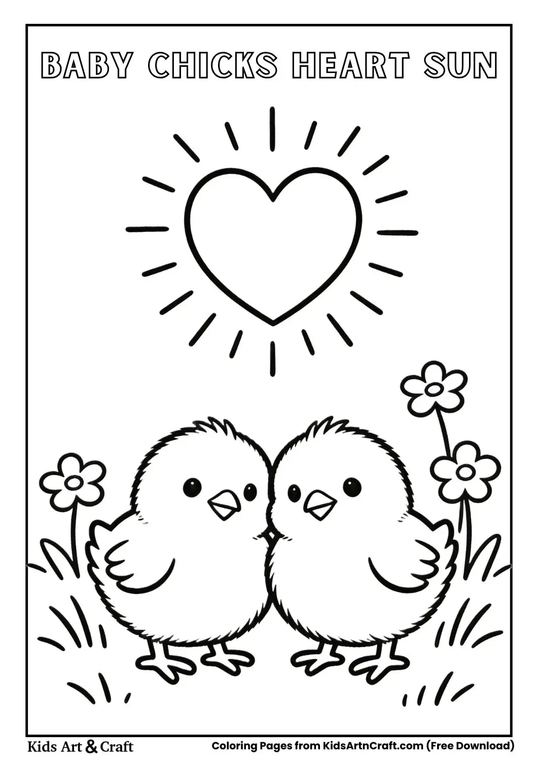 Black and white coloring page of two baby chicks under a heart-shaped sun