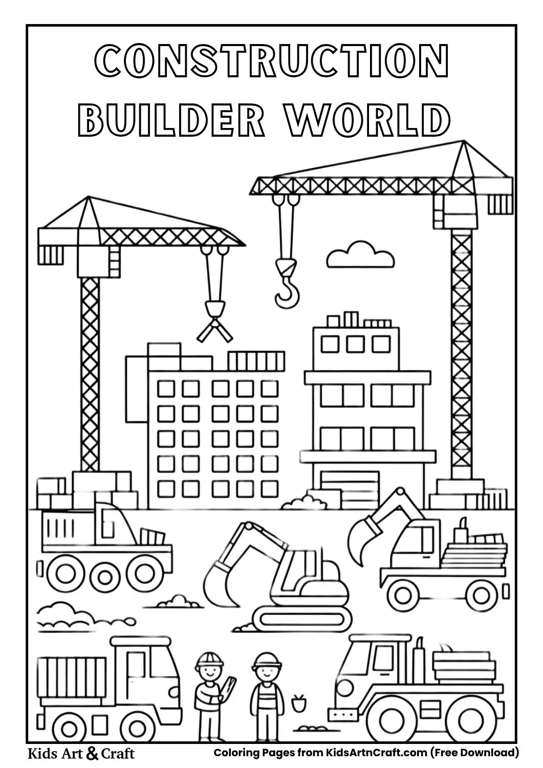 construction builder world coloring page with cranes bulldozers workers trucks and buildings