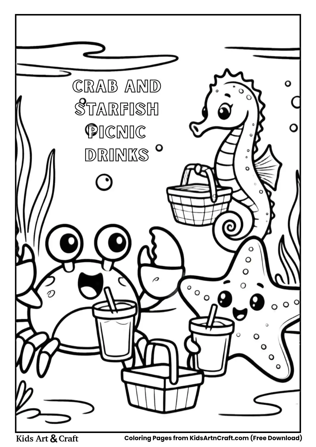 Crab and starfish drinking juice coloring page