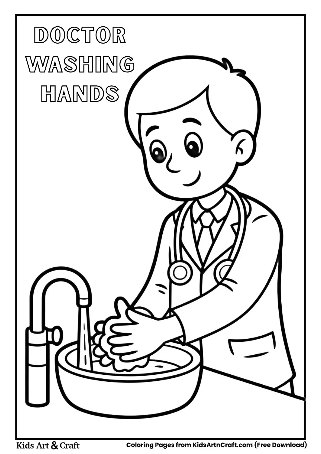 doctor washing hands at sink cartoon coloring page for kids
