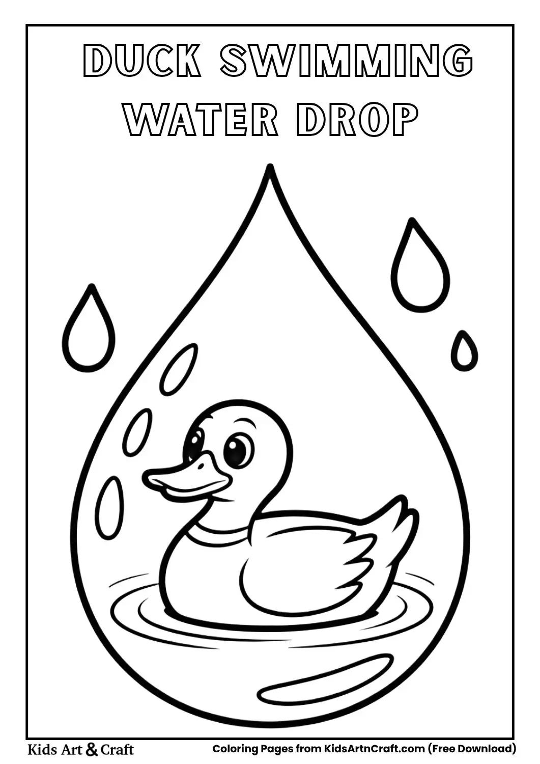 Duck swimming inside a water droplet easy coloring page