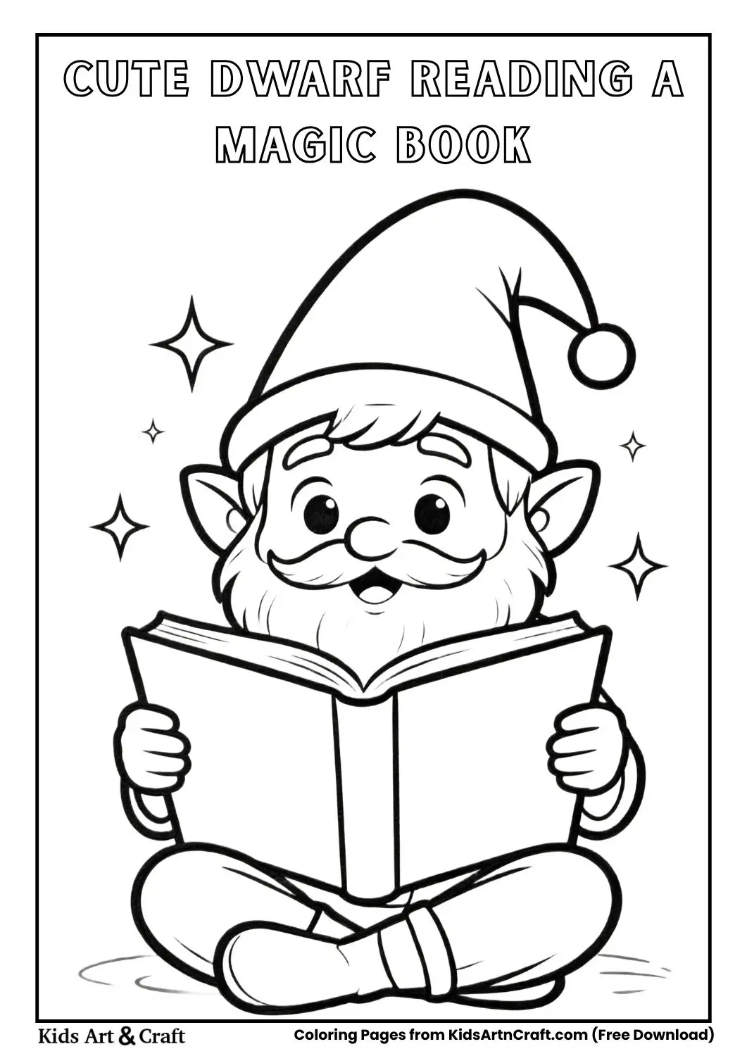 Cartoon dwarf sitting and reading a large magic book simple black and white coloring page