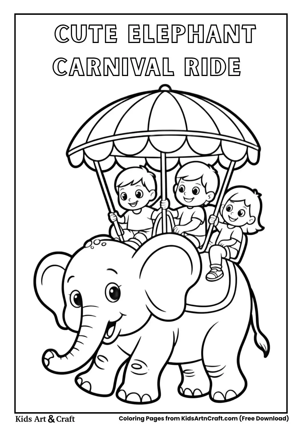 Kids riding an elephant themed carnival ride coloring page