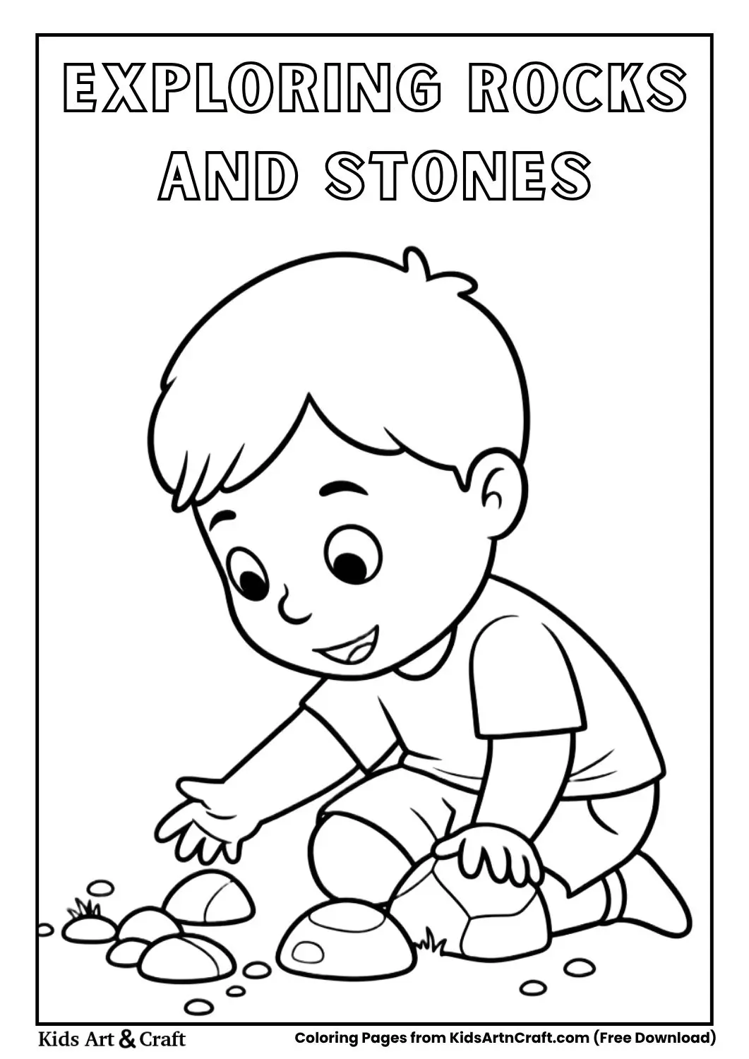 Child examining rocks on ground coloring page