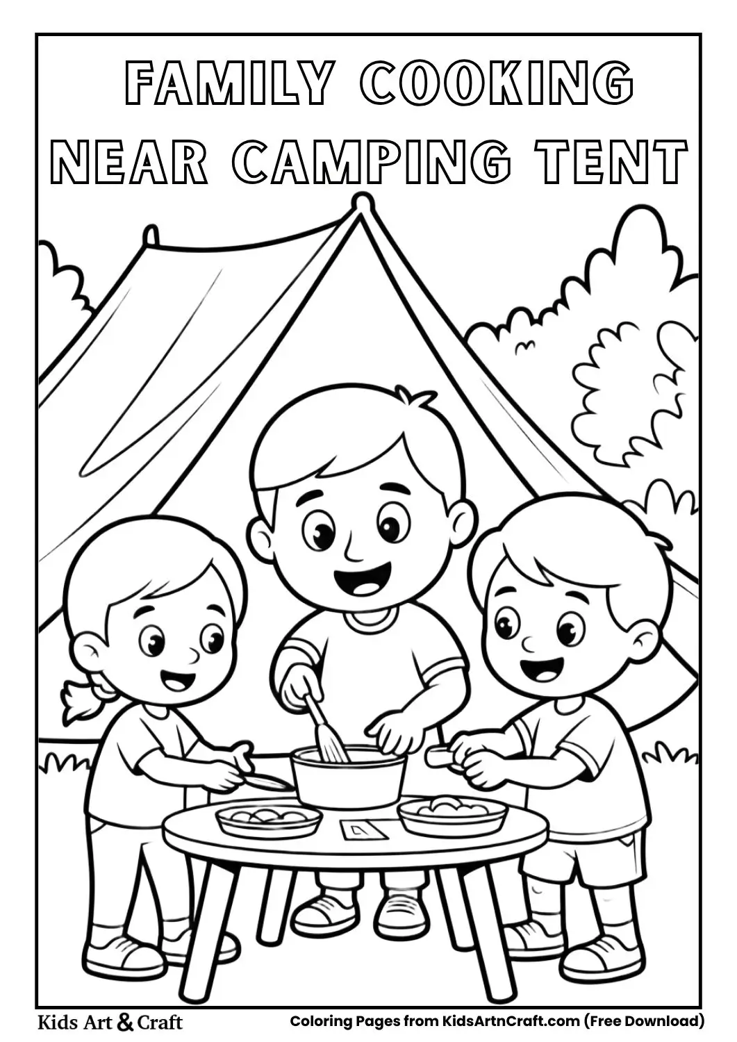 family cooking near camping tent coloring page