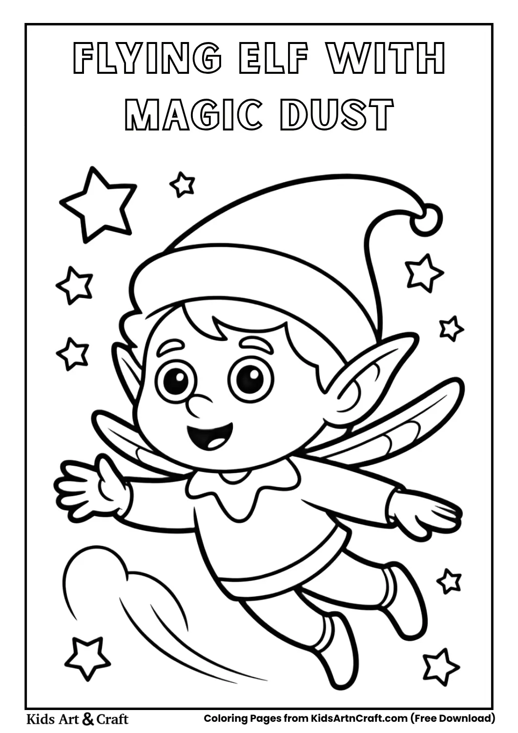 Flying elf spreading magic dust coloring page