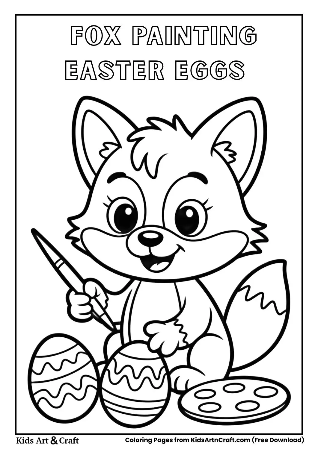 cartoon fox painting easter eggs black and white coloring page
