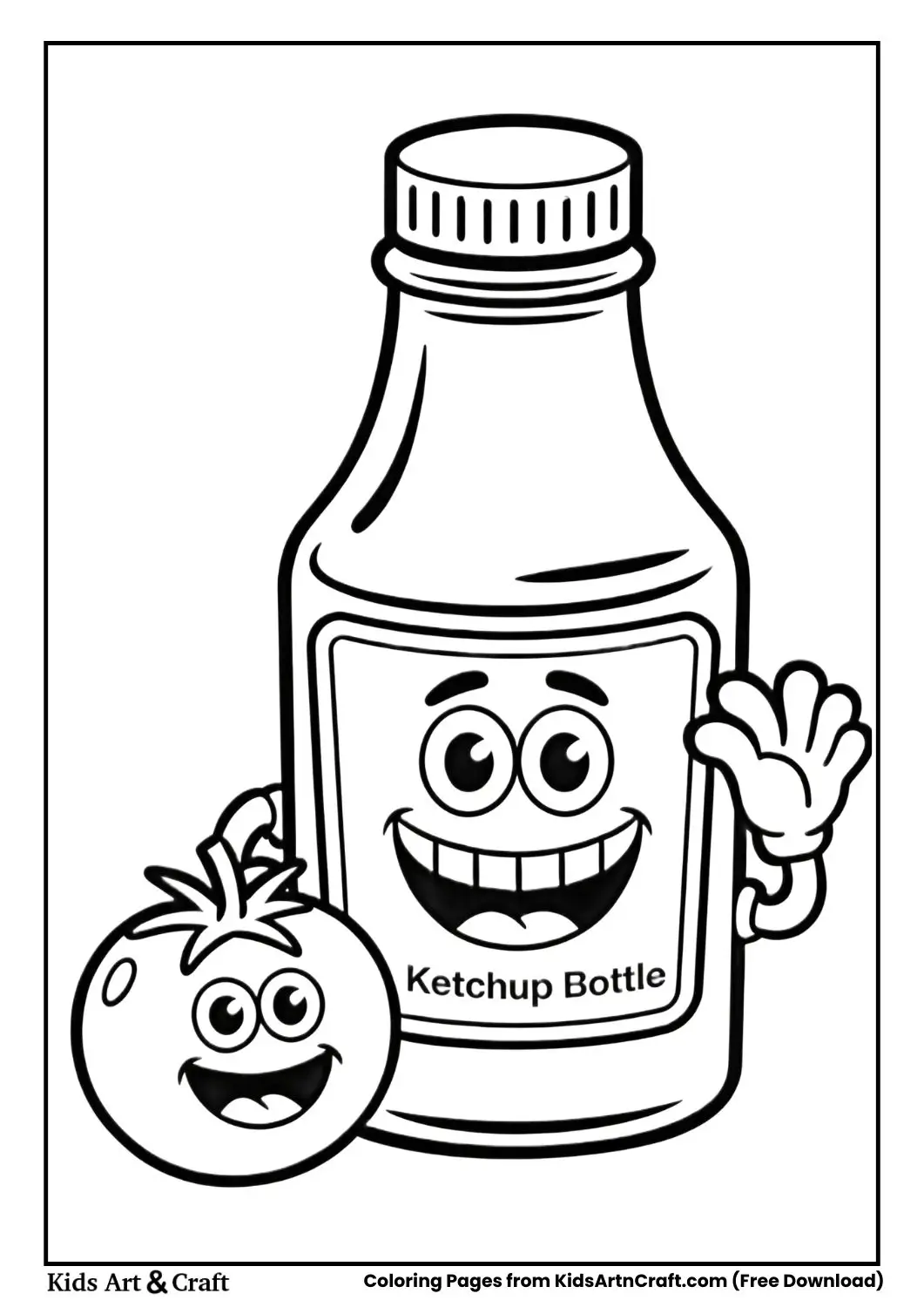 Smiling ketchup bottle with tomato friend coloring page