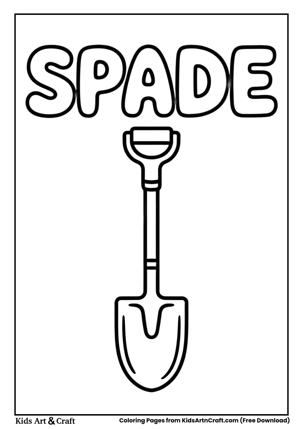 Simple black and white garden spade coloring page with thick outlines and bubble letters