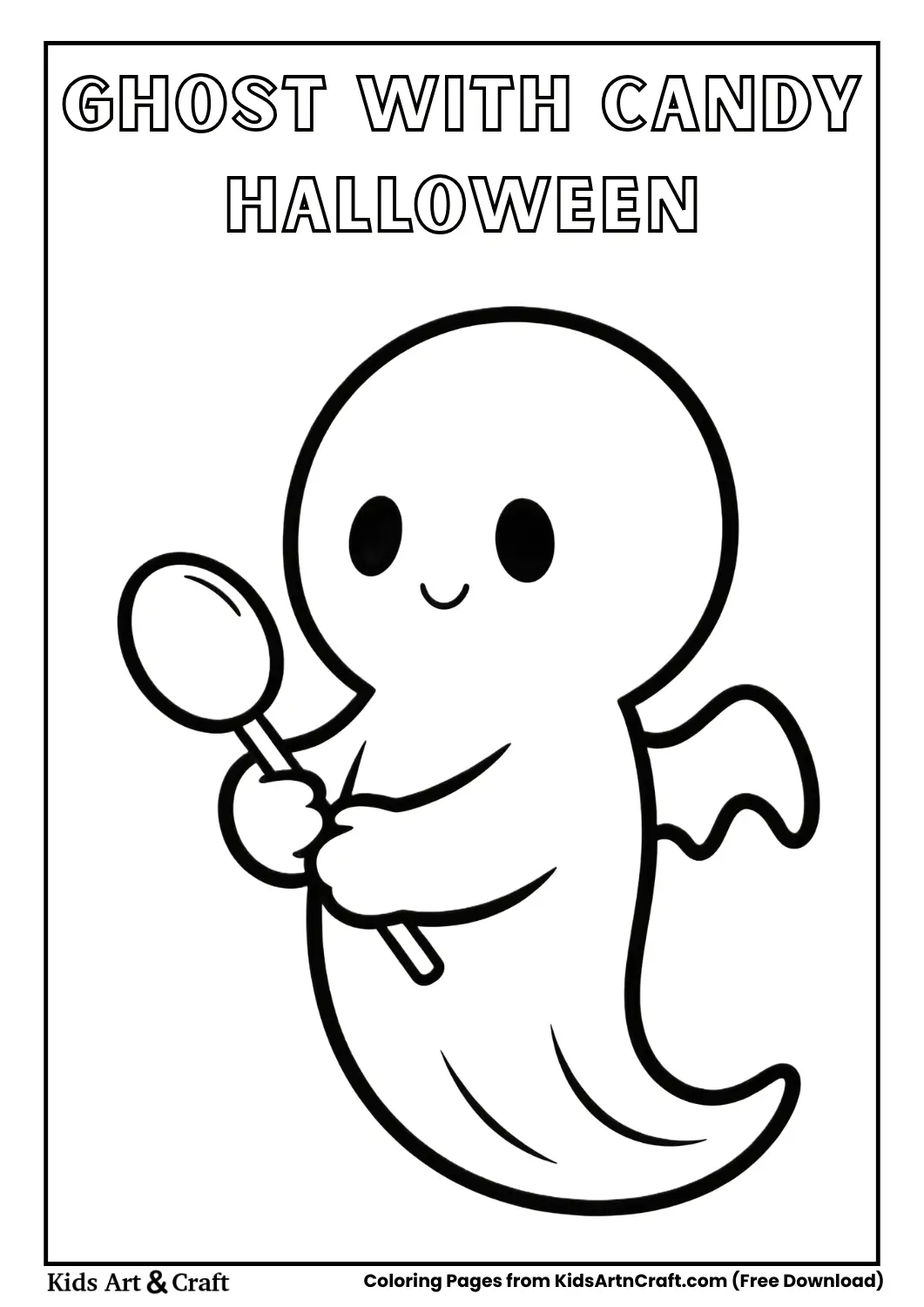 Friendly ghost holding candy, easy Halloween coloring sheet