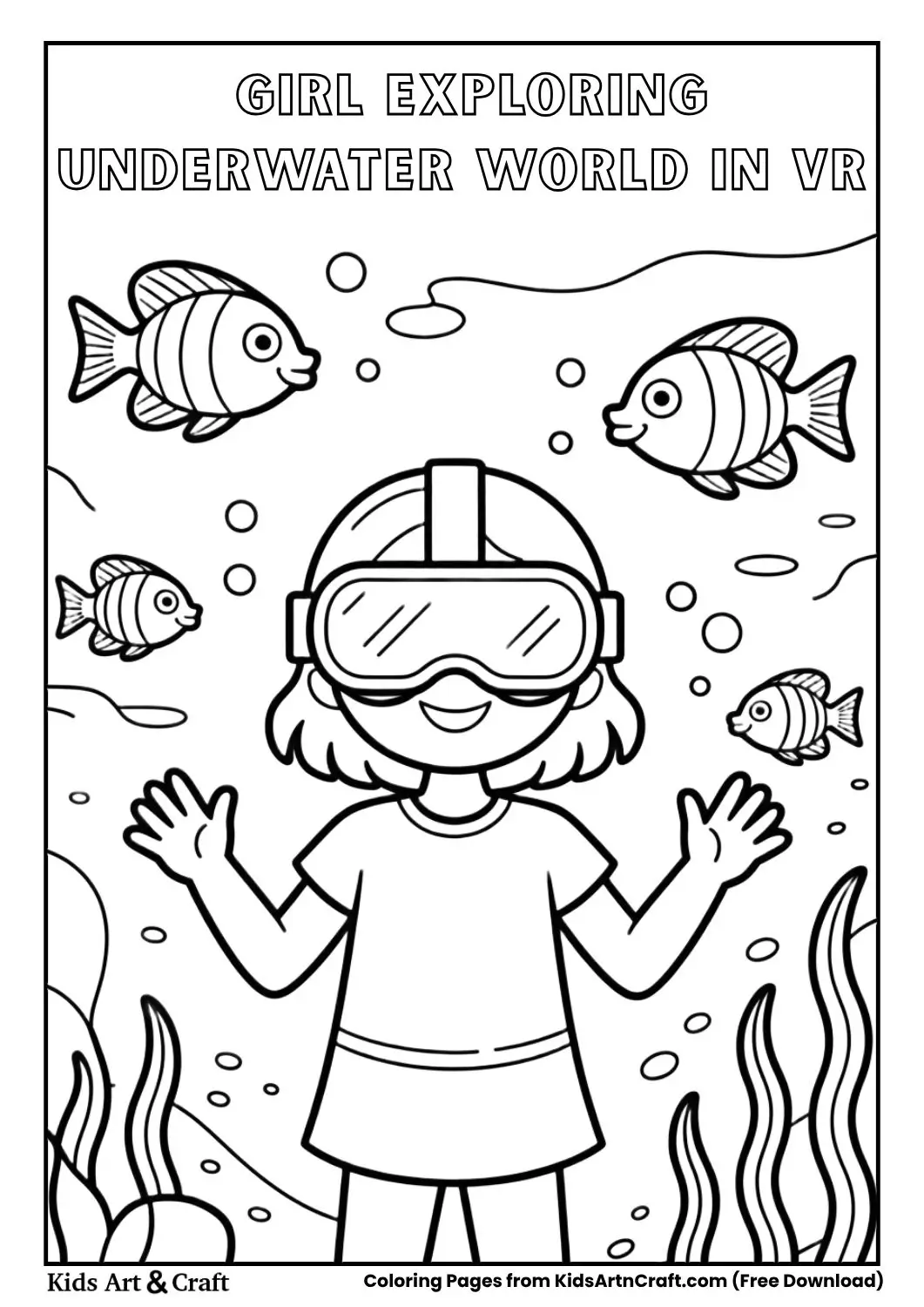 girl wearing VR goggles exploring underwater world with fish coloring page