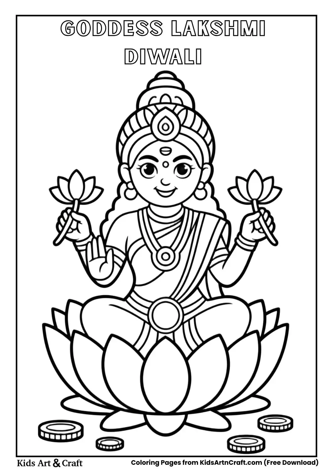 cartoon Goddess Lakshmi sitting on lotus coloring page