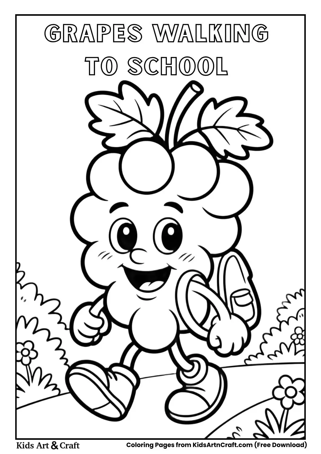 grape bunch character carrying backpack walking to school coloring page