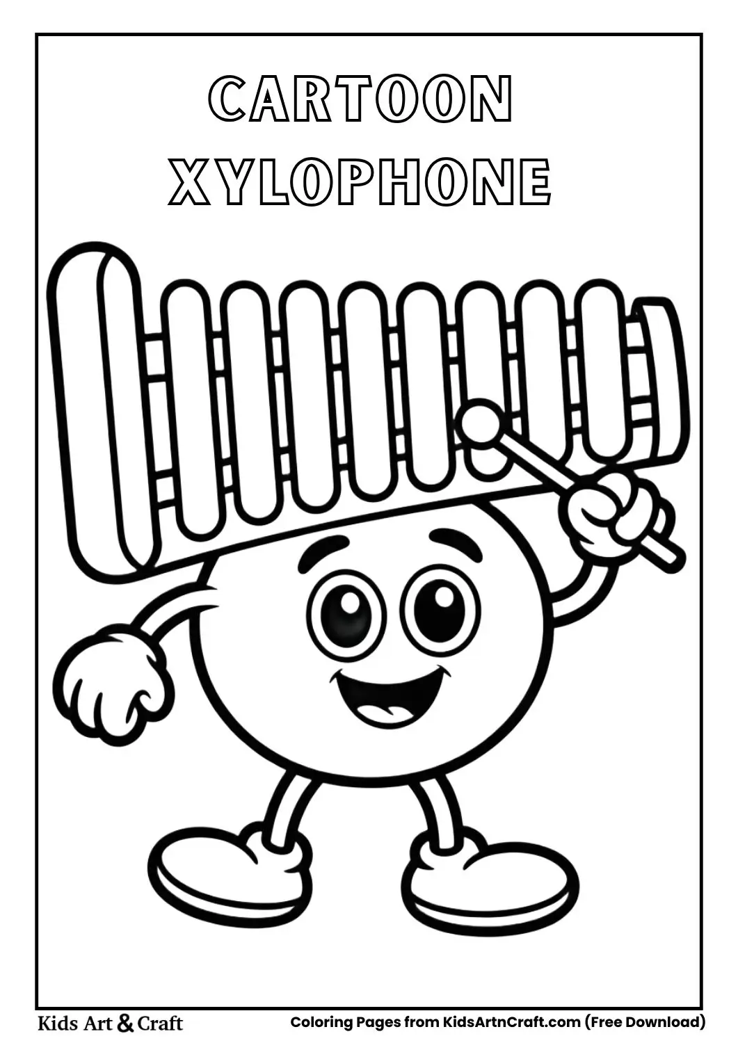 smiling xylophone with drumstick arms black and white coloring sheet