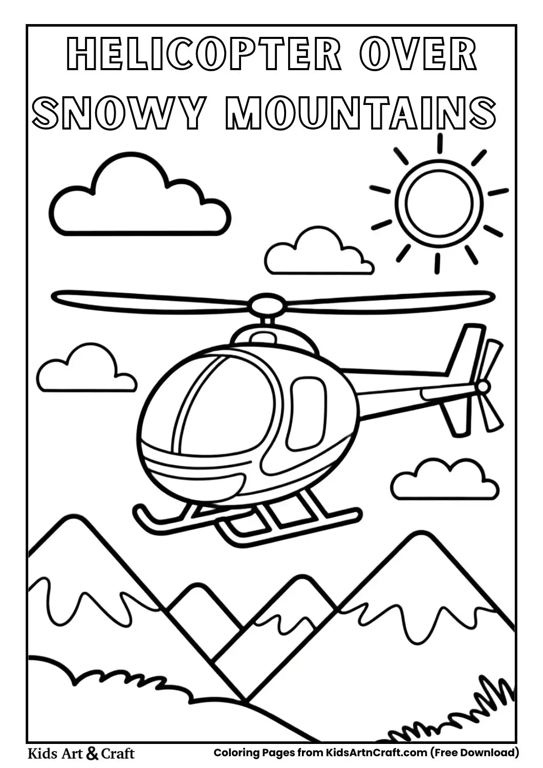Helicopter flying above snowy mountains and sun black and white coloring page