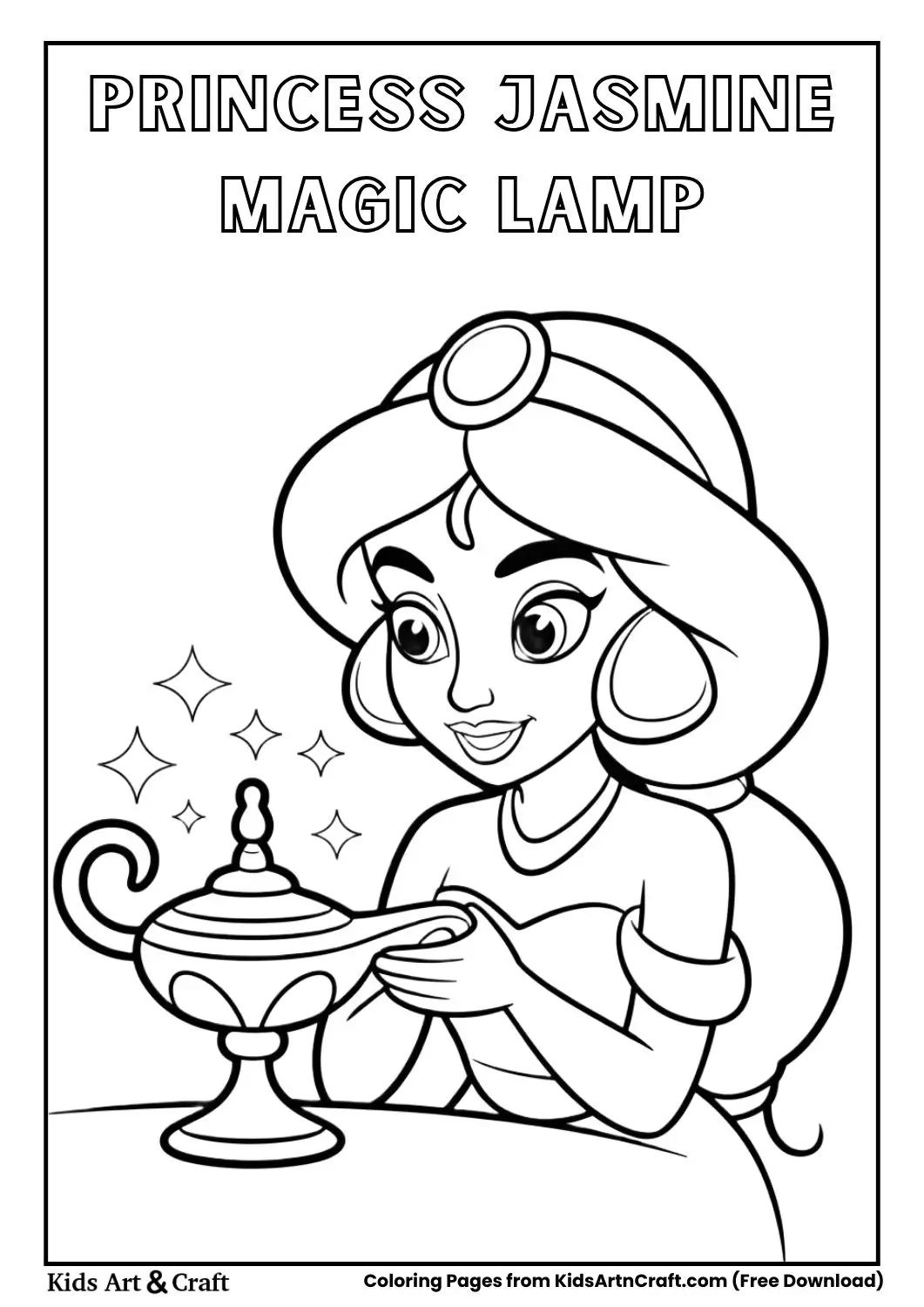 Princess Jasmine looking at a magic lamp black and white coloring page