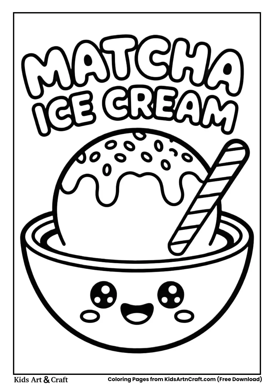 cute smiling matcha ice cream dessert coloring page