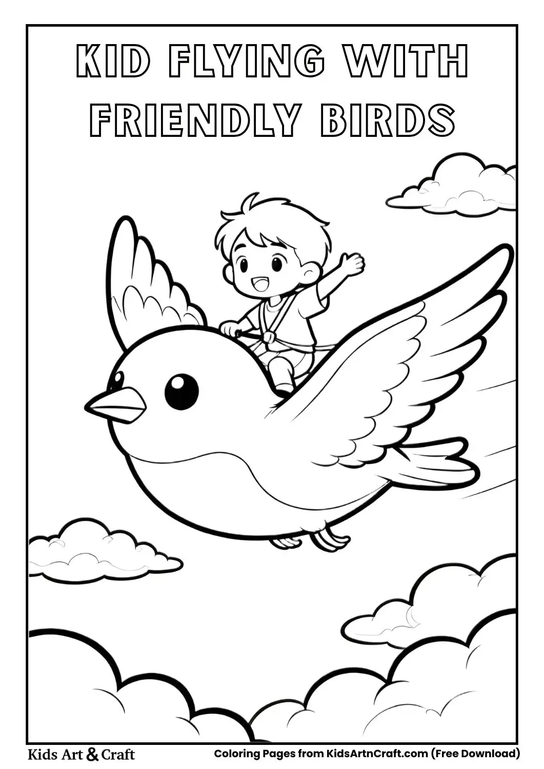 Kid flying in the sky surrounded by cute birds and clouds coloring page.