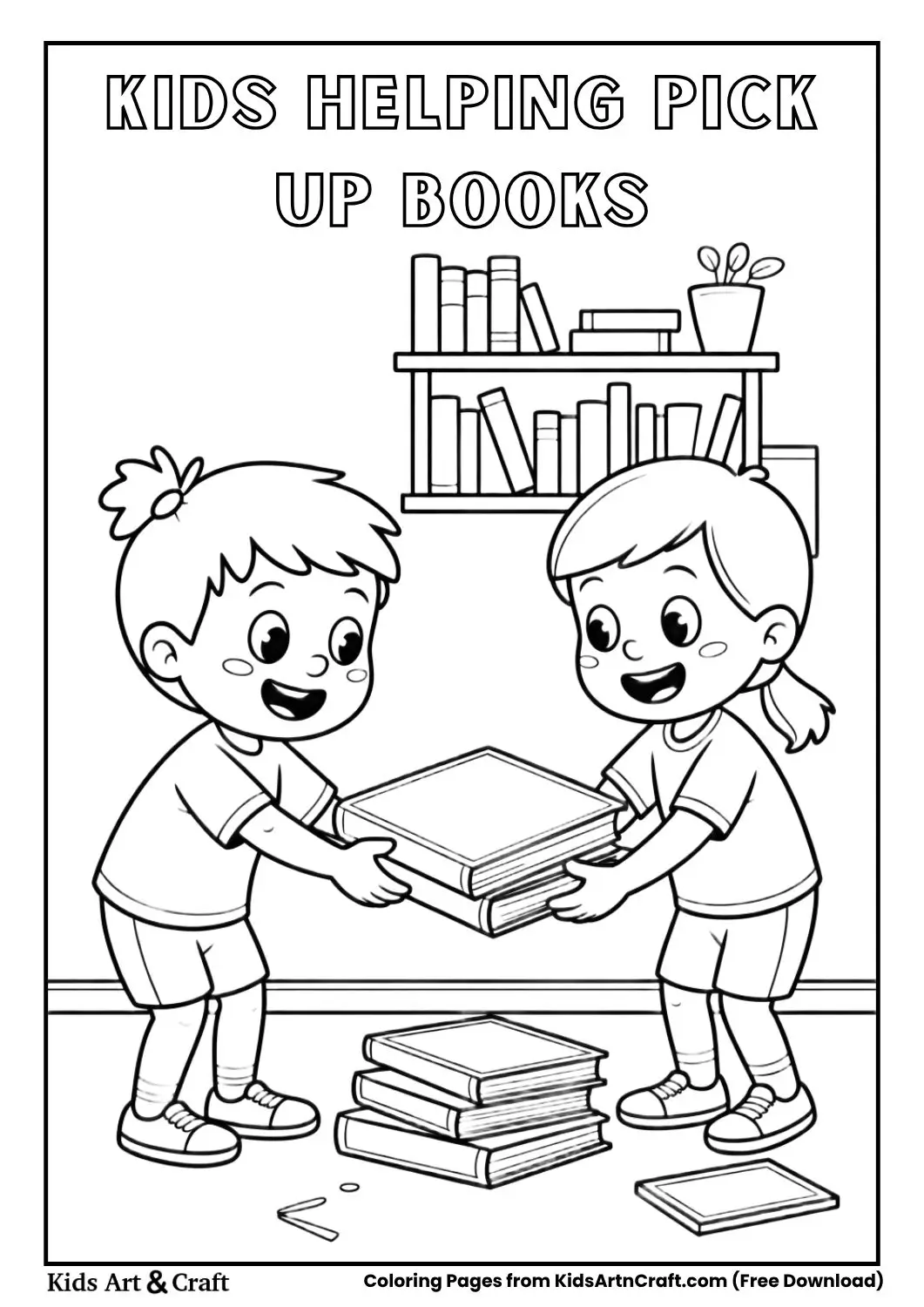 children helping a friend pick up books teamwork coloring page