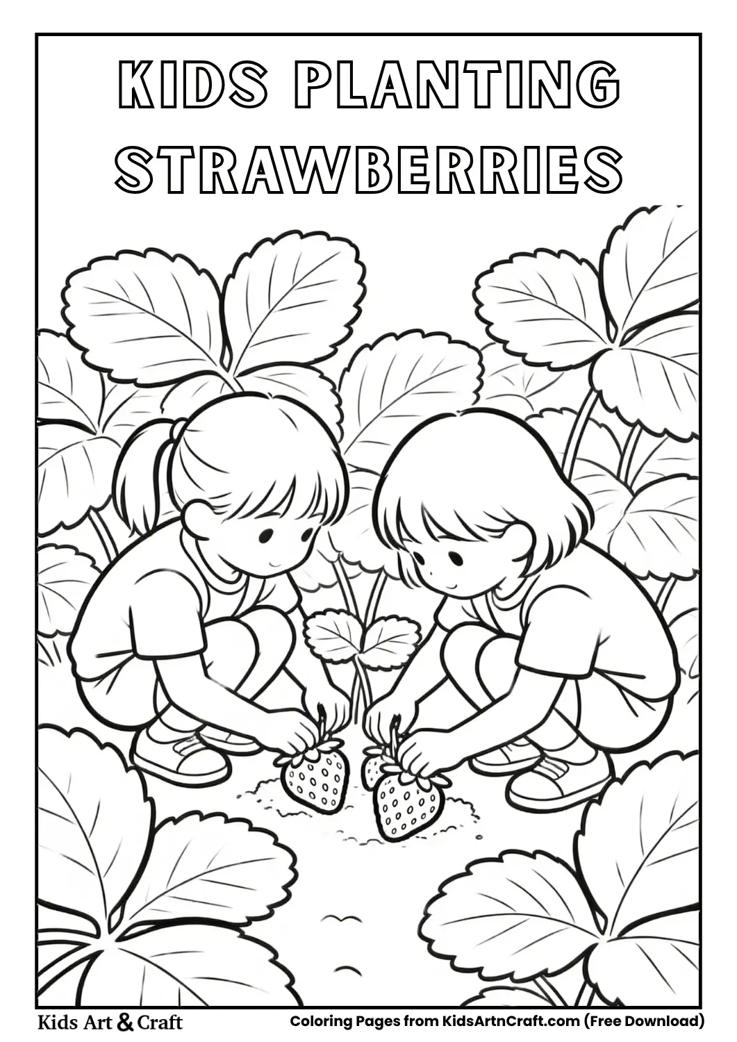 Two children planting strawberry plants in a small garden